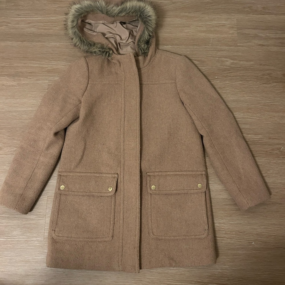 J. Crew Brown Hooded Coat with Faux Fur Trim